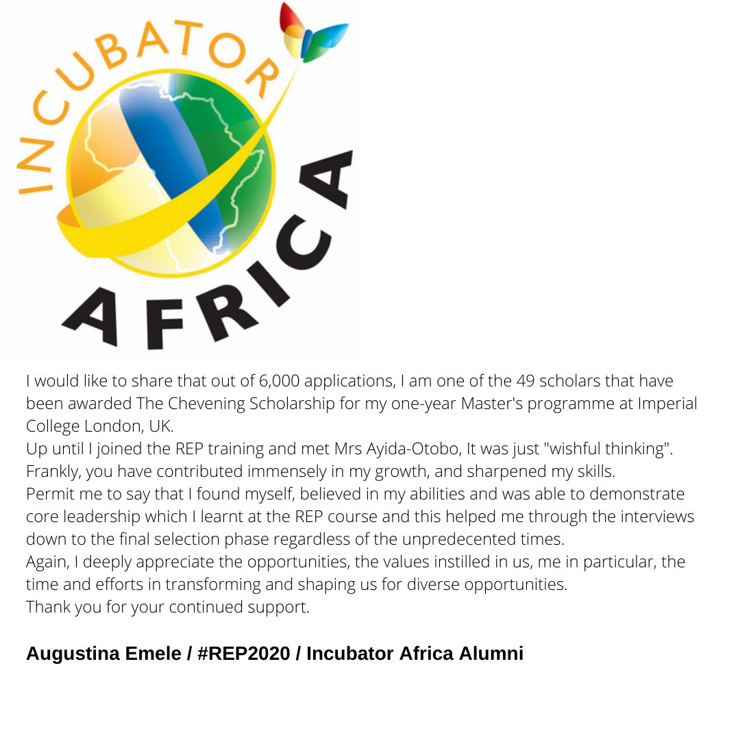 incubatorafrica's tweet image. Dr Emele has been accepted on the #CheveningScholarship scheme to attend a one-year Master's programme at the prestigious @imperialcollege London, which she partly attributes to the valuable information obtained from #REP2020.
#IncubatorAfrica
#AugustinaEmele
#Leadership
#Skills