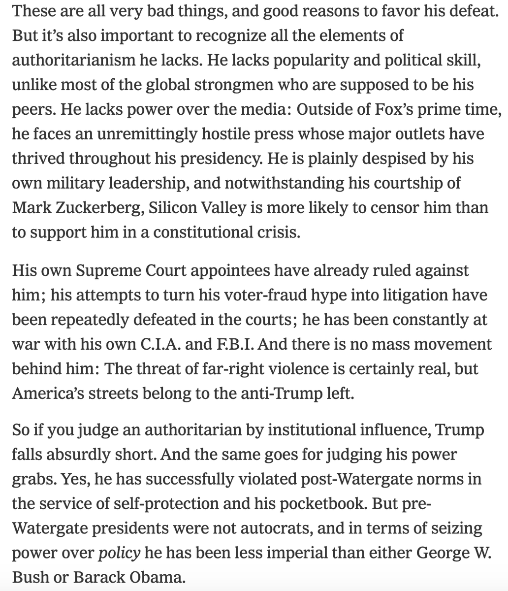 2. The piece focuses heavily on Trump's personal incompetence, arguing that he's not disciplined or smart enough to conduct a 1930s-style power grab. And fair enough!