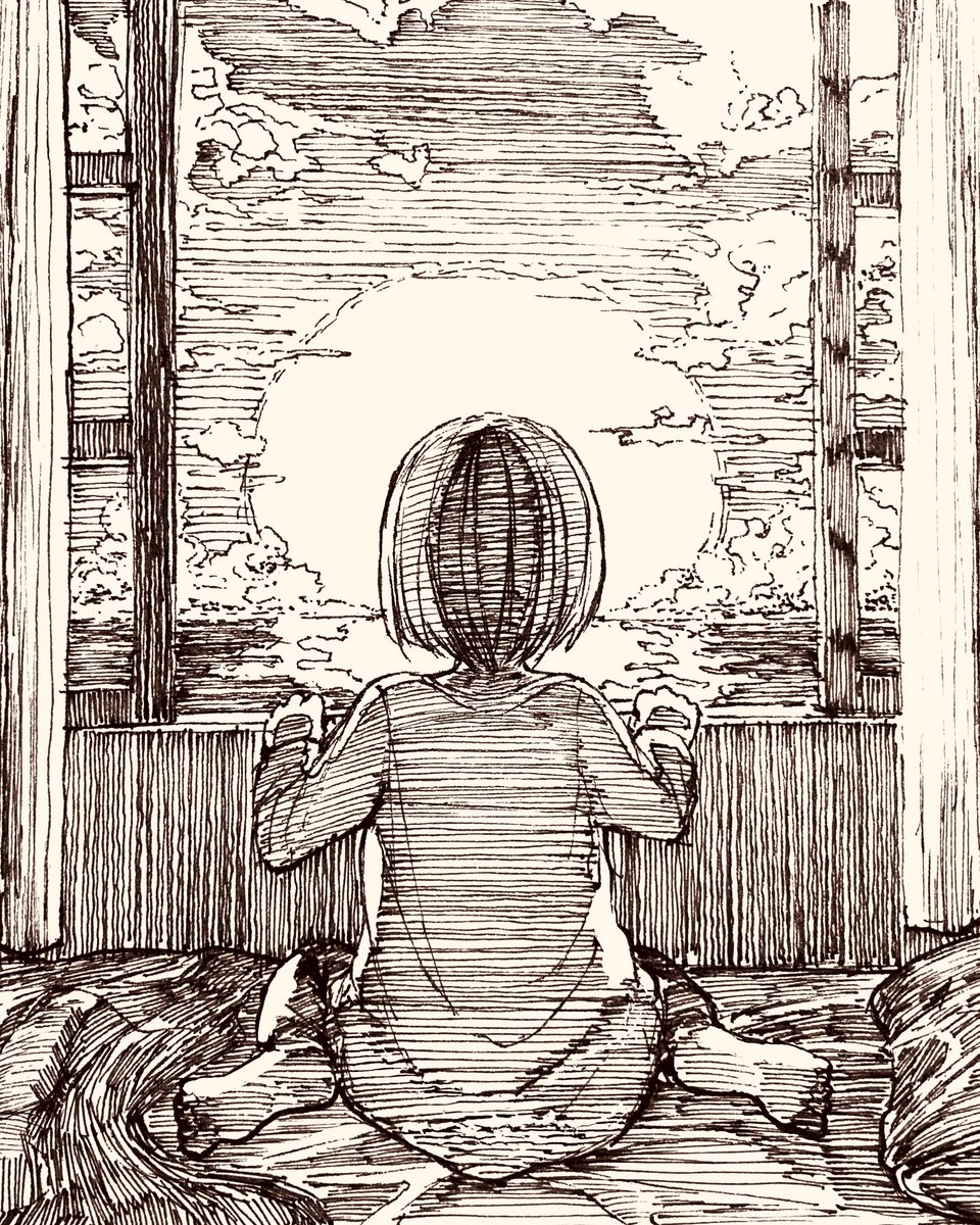 夏まち 沈む夕陽がやけに大きく見えた イラスト ペン画 夏まち 沈む夕陽がやけに大きく見えた イラスト ペン画