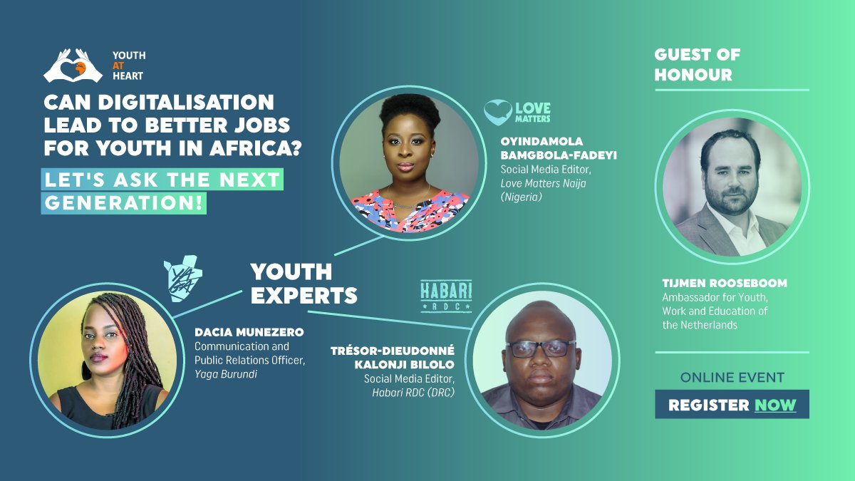 RNW_Media's tweet image. Can digitalisation lead to better jobs for youth in Africa?

Join us online for an online interactive debate with guest of honour  @tijmenrooseboom and youth experts from @YBurundi @habariRDC &amp;amp; @LoveMattersNG. 

Thursday, October 15th at 14:30 CET!
bit.ly/webinar_digita…
