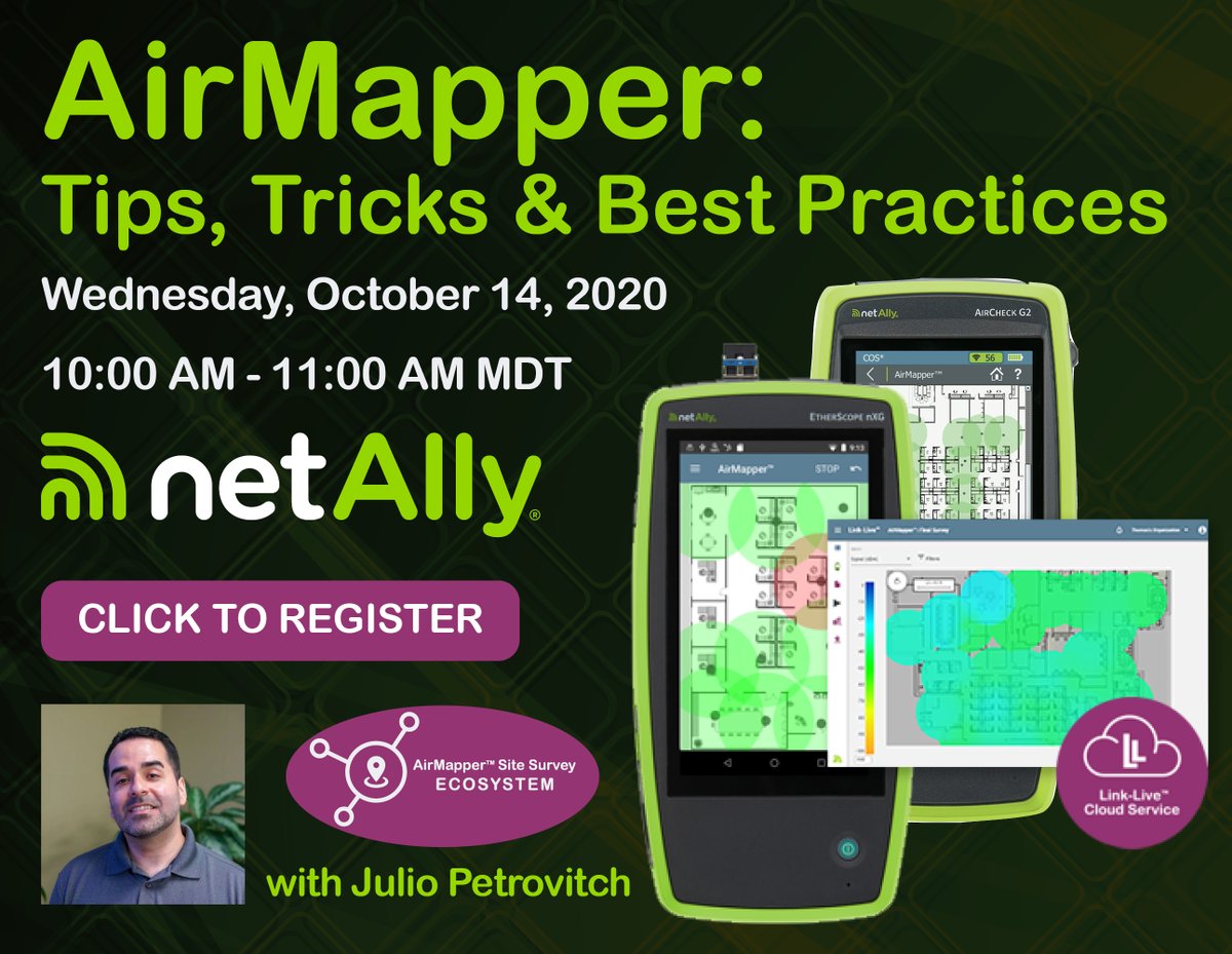 NetAlly's tweet image. Last chance to register for Julio&apos;s @NetAlly webinar. Learn tips, tricks &amp;amp; best paractices for #AirMapper on the #AirCheckG2 &amp;amp; #EtherScopenXG.

ow.ly/SG5H50BBz0u