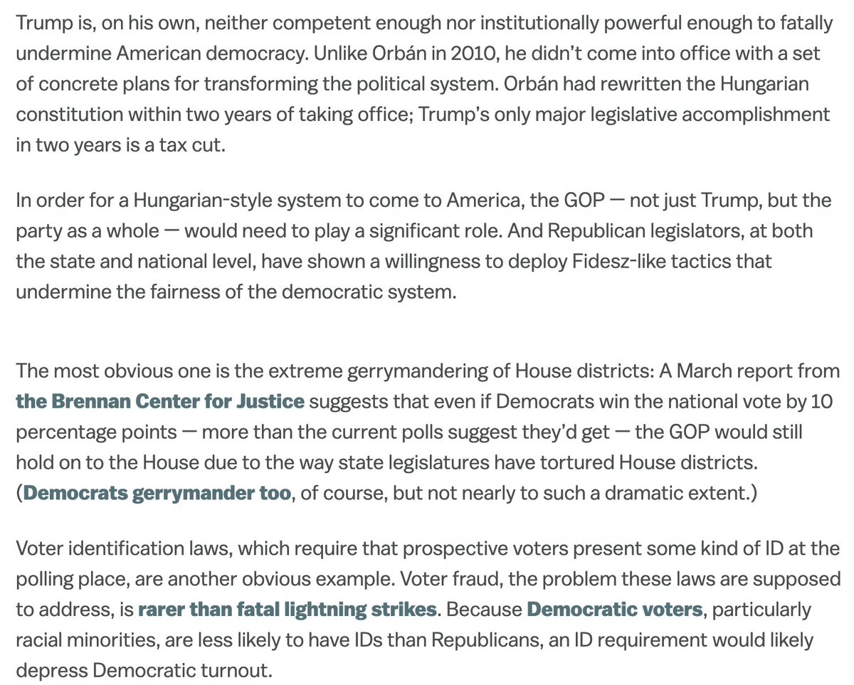 4. "One-party rule," rather than "one-man Trump rule," is the real threat: that the president's authoritarian impulses pushes the entire GOP to embrace theirs. The endgame isn't Nazi Germany, it's modern Hungary — as I wrote in 2018 after a trip there:  https://www.vox.com/policy-and-politics/2018/9/13/17823488/hungary-democracy-authoritarianism-trump