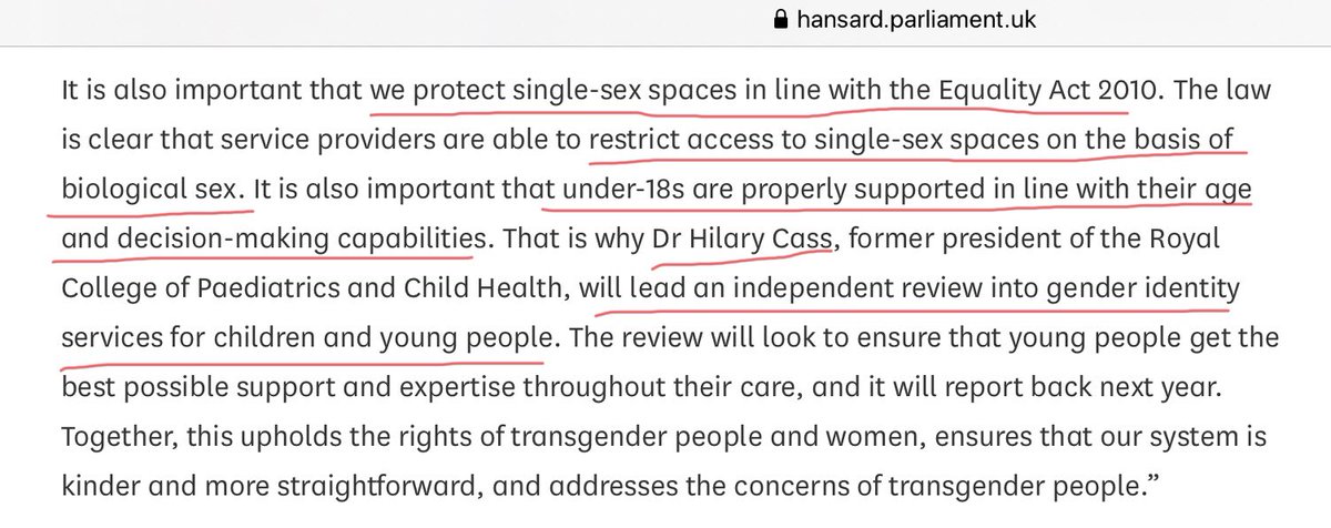 Clear statement that The Equality Act allows exclusions on the basis of biological sex. Not “Gender Identity”. The Cass review is a welcome development whilst we await outcomes the  #KeiraBell case.