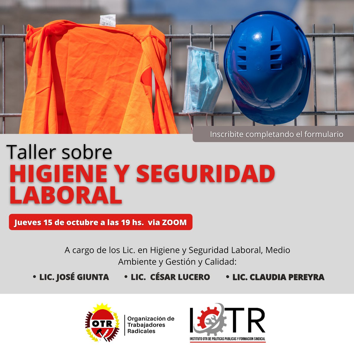 👷‍♂️Taller sobre Higiene y Seguridad Laboral 👷‍♀️

A cargo de los Lic. en Higiene y Seguridad Laboral, Medio Ambiente y Gestión y Calidad: José Giunta,  César Lucero y Claudia Pereyra

🗓  Jueves 15/10 a las 19hs.

 👉 Inscribite completando el formulario: forms.gle/FqYAGo9VHQJdvP…