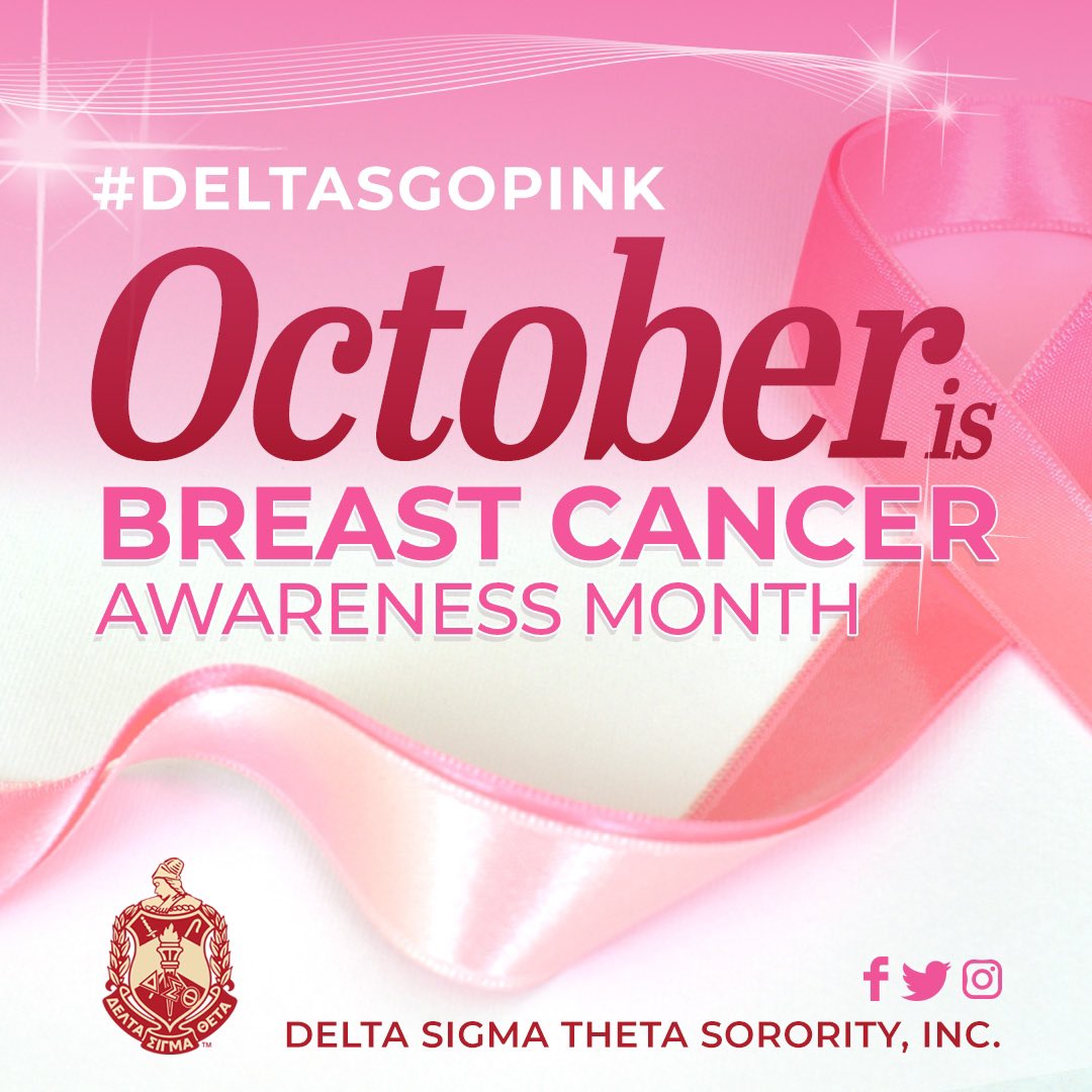October is National Breast Cancer Awareness Month when Deltas go Pink for a Purpose. With our partner, the <a href="/AmericanCancer/">American Cancer Society</a> Society, we urge you to wear a pink ribbon throughout the month to honor survivors and remember those lost. #DeltasGoPink #BreastCancerAwareness #DST1913