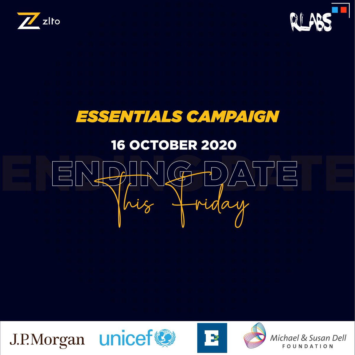ZltoRewards's tweet photo. All good things come to an end but when one door closes another one opens up.
We will be announcing new exciting vendors soon.
A special thanks to our partners @jpmorgan @DellFdn @UNICEF @UNICEF_SA @ESquaredSA @RLabs
#EssentialsCampaign
#GivingIsGreater https://t.co/ZFCRfdZYf4