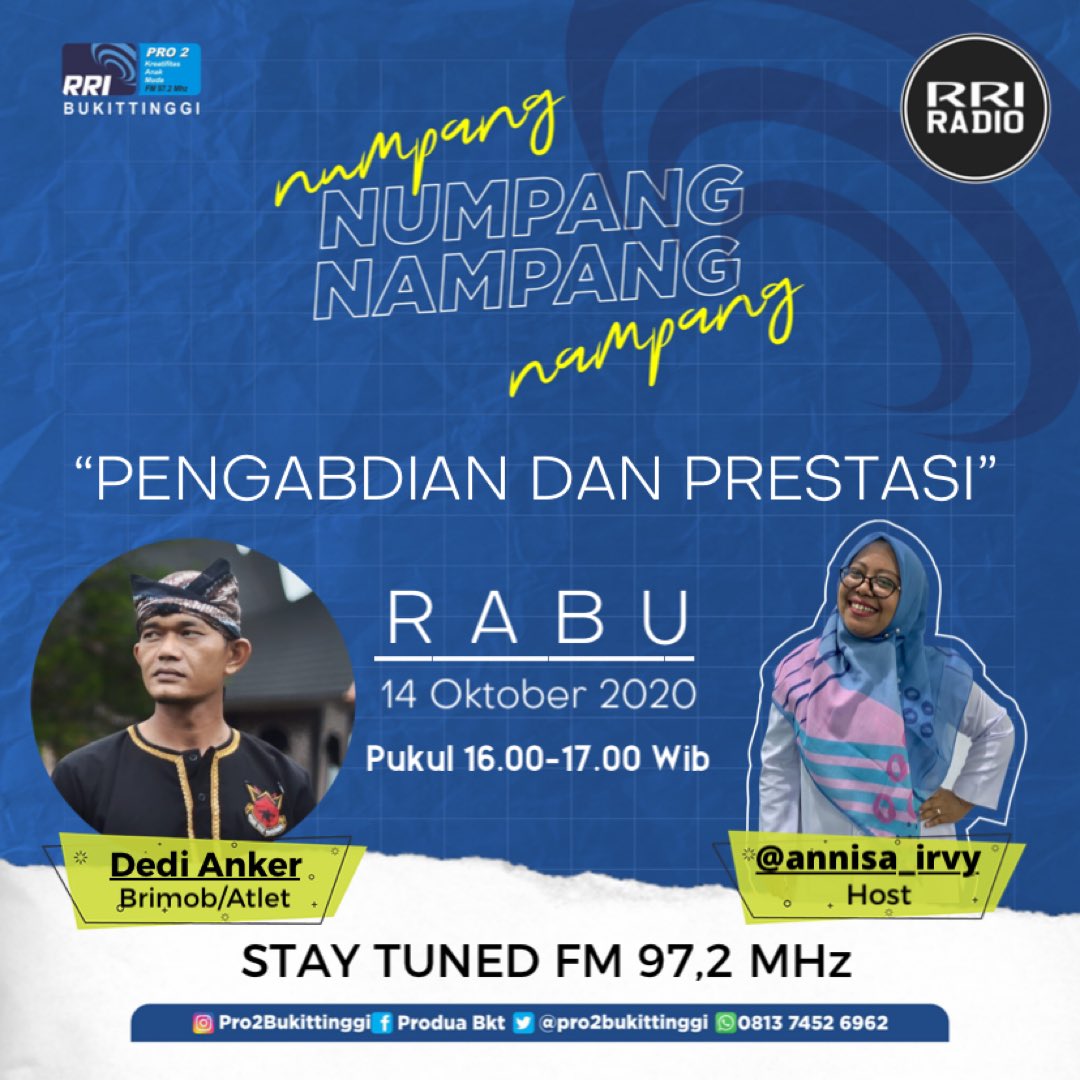 Menjadi seorang abdi negara tidak menjadi halangan bagi beliau untuk terus berprestasi dalam banyak bidang. Mau tau cerita inspiratifnya?? 
Dengerin besok di ajang Numpang Nampang jam 16.00-17.00 WIB
•
Kamu bisa dengerin di @pro2bukittinggi FM 97,2 MHz,
#NumpangNampang