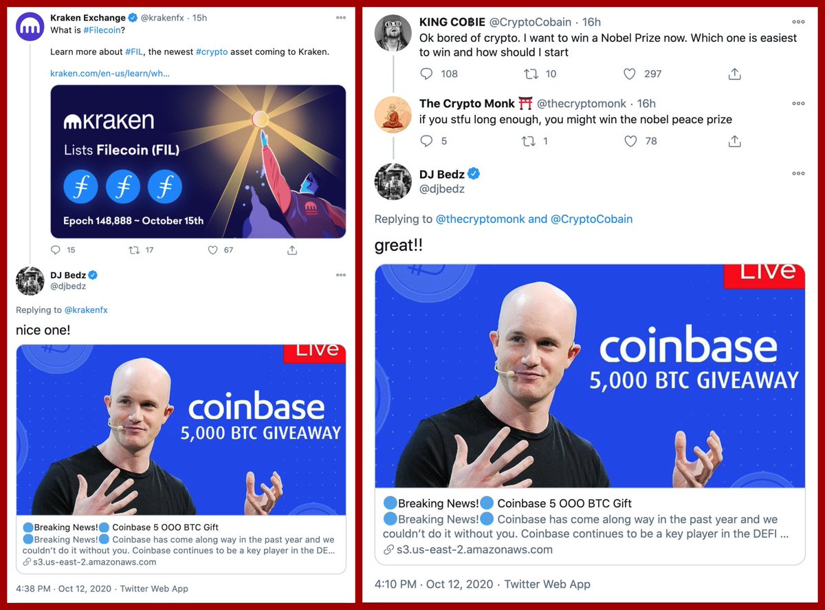 In other news, a verified account listed for sale on accts-market(dot)com ( @djbedz, permanent ID 20971531) appears to have been reborn as a cryptocurrency spammer.