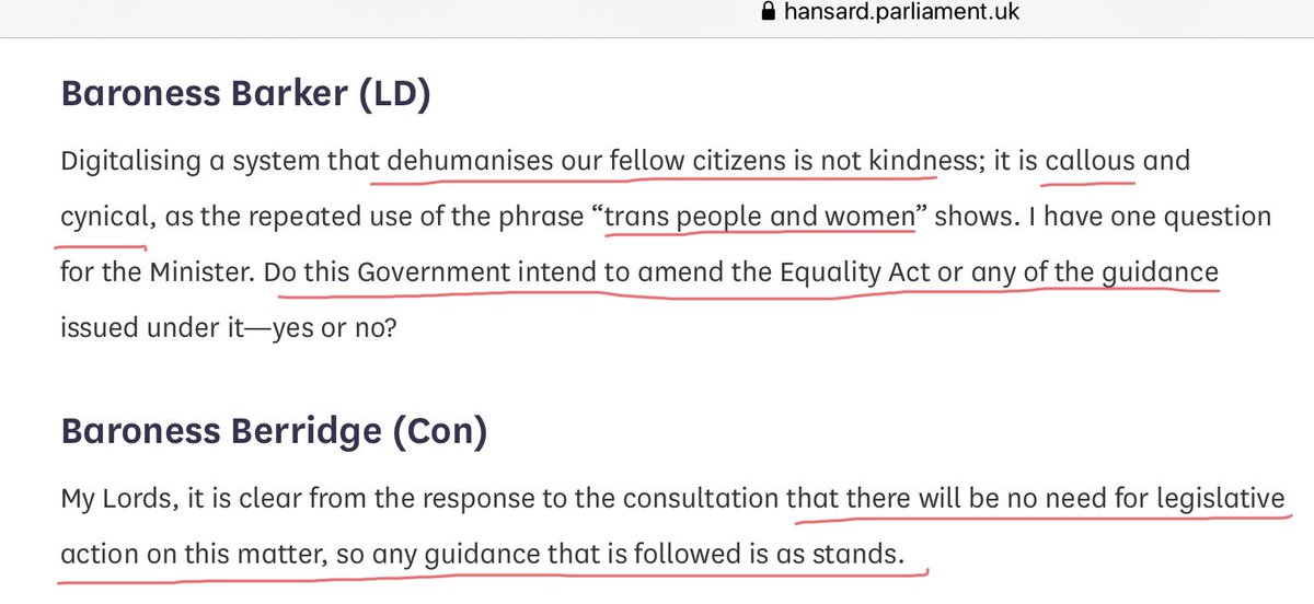 Baroness Barker straight in with the hyperbole. The process currently costs £140. No requirements for an “interview”. No surgery required. The Baroness is giving away our words! The word “woman” is taken. Current Guidance lies about the Law. B. Berridge should know this,