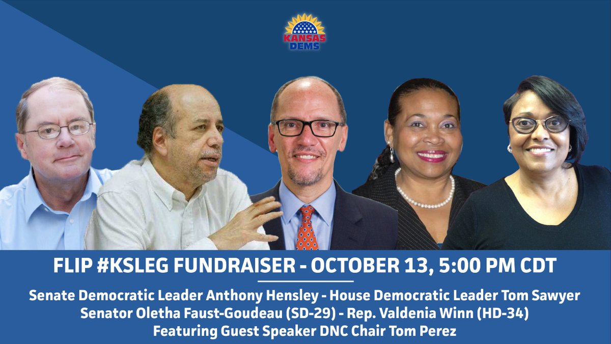 Kansas Dems (@kansasdems) on Twitter photo Join us tonight to hear from featured guest <a href="/TomPerez/">Tom Perez</a>, <a href="/RepTomSawyer/">Tom Sawyer</a>, <a href="/SenatorHensley/">Anthony Hensley</a>, <a href="/oletha29/">Oletha Faust-Goudeau</a> and <a href="/VCWKC34/">Valdenia Winn</a>! Get your tickets here ⤵️
secure.actblue.com/donate/kslegpe… Join us tonight to hear from featured guest <a href="/TomPerez/">Tom Perez</a>, <a href="/RepTomSawyer/">Tom Sawyer</a>, <a href="/SenatorHensley/">Anthony Hensley</a>, <a href="/oletha29/">Oletha Faust-Goudeau</a> and <a href="/VCWKC34/">Valdenia Winn</a>! Get your tickets here ⤵️
secure.actblue.com/donate/kslegpe…