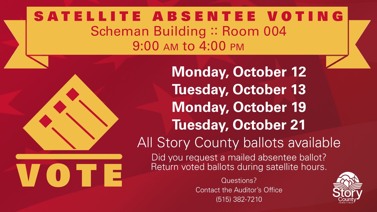 Vote early or return your absentee ballot at the @storycountyiowa satellite location in #IowaState's Scheman Building. Photo ID or Iowa voter ID is required. #Big12Votes