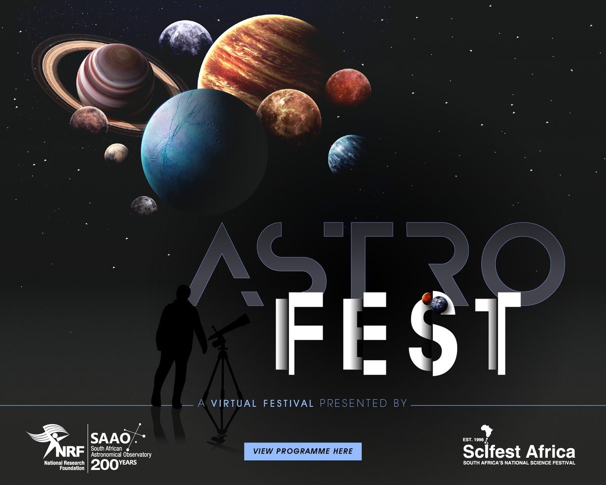 SAAO's tweet photo. AstroFest- SA’s first Digital Astronomy Festival Launches!

Jointly presented with @GhtScifest 

20-23 October 2020

Don’t miss out! With activities for the whole family, competitions, evening lectures, live stargazing, and music. 

Full programme here: https://t.co/Kmi675h3Me https://t.co/Ua00okbrQC