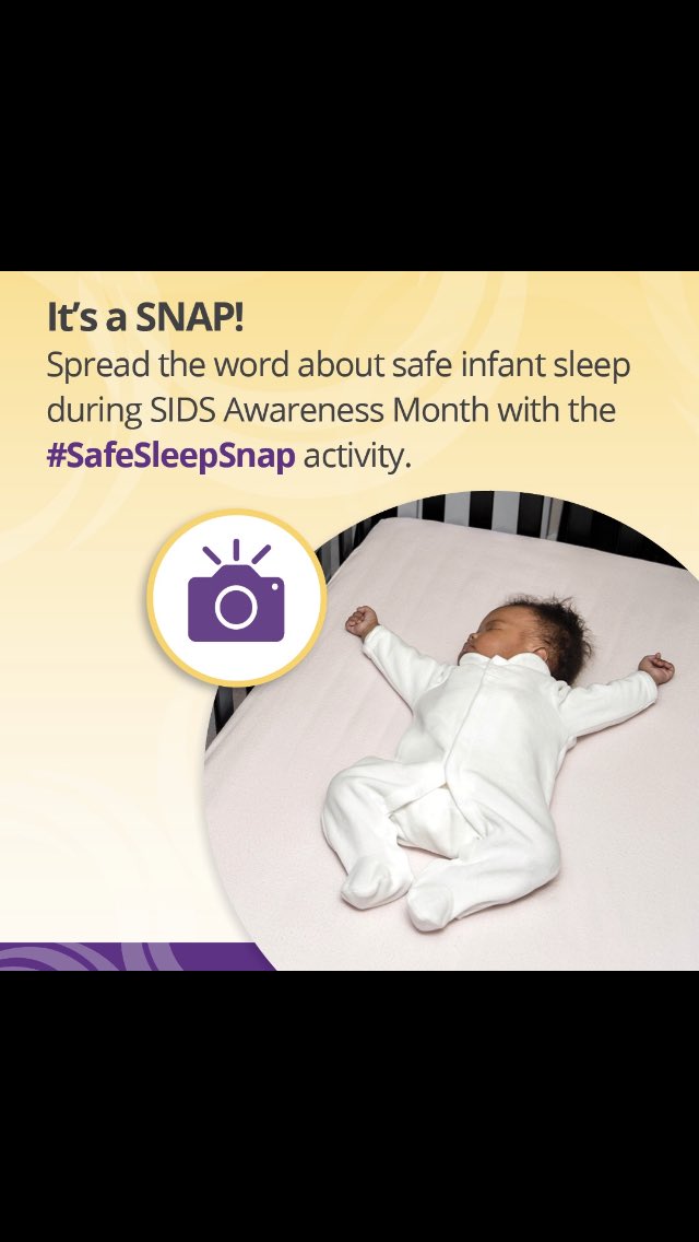 It’s a snap! This #SIDSAwarenessMonth, take a pic of your baby in a safe sleep area and post it w/ the hashtag #SafeSleepSnap to help spread the message about safe infant sleep areas. Remember, babies sleep safest on their backs. bit.ly/2WDRkk0 #InfantSafety #SafeToSleep