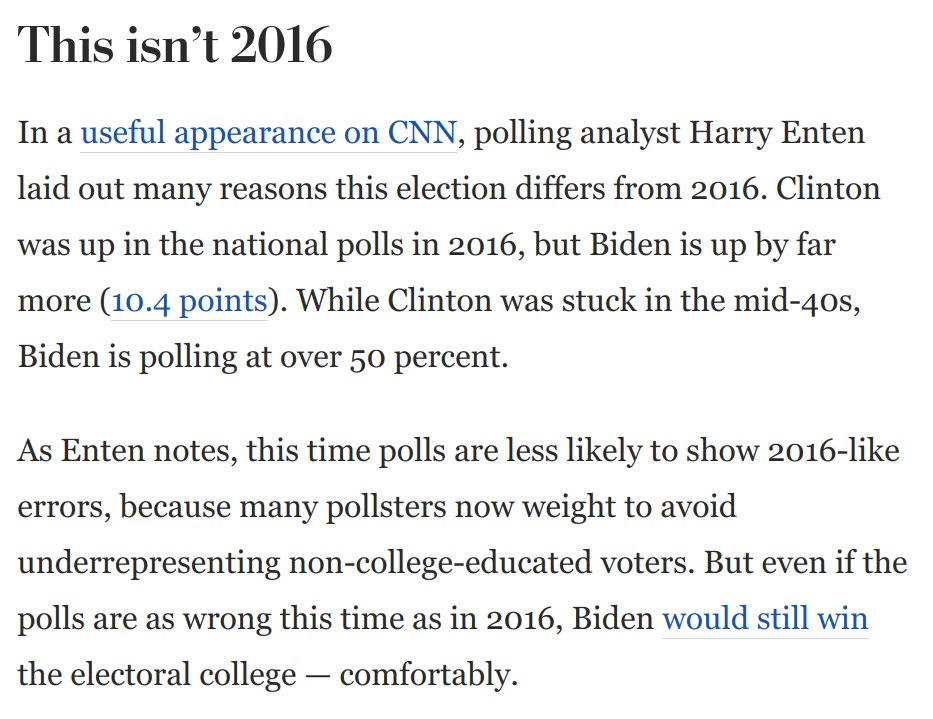 4) So Trump appears increasingly resigned to the likelihood that he won't get the last-minute intervention that he's been banking on.In this and so many other ways, 2020 is *not* 2016 all over again.  @ForecasterEnten did a great CNN segment on this: https://www.washingtonpost.com/opinions/2020/10/13/trump-admits-it-intervention-he-desperately-needs-isnt-going-come/