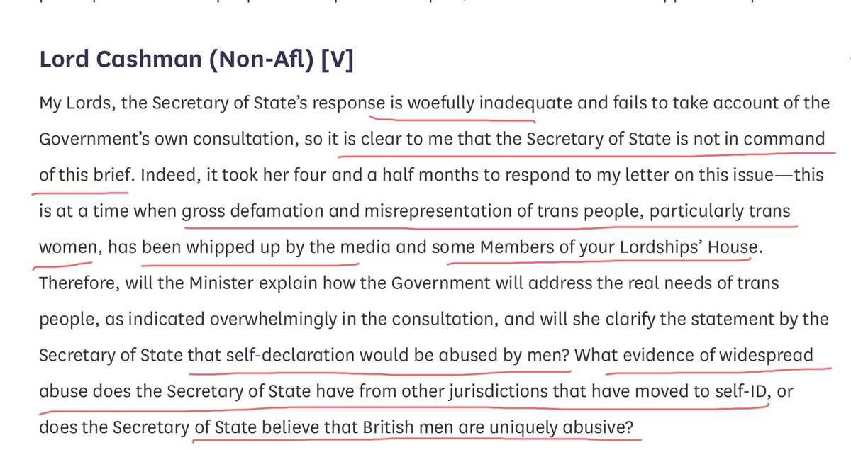 Lord Cashman. Patronising dismissal of a female minister’s capability. Mr Cashman appears not to have looked at patterns of sex offences. They are 19% of men held in male estate. Over 40% of males in the female estate. Is he aware of this?