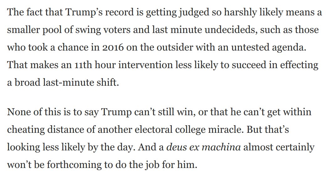 5) This time Trump is the incumbent with a record to defend. He's been judged a disastrous failure on the election's central issue.And his trade wars have been so disastrous that the White House is shoveling billions in bailout money to farmers: https://www.washingtonpost.com/opinions/2020/10/13/trump-admits-it-intervention-he-desperately-needs-isnt-going-come/