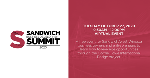 Are you a business owner in Sandwich/west Windsor or are you a Windsor entrepreneur interested in leveraging construction of the #GordieHoweBridge for business? Attend the 2020 virtual Sandwich Business Summit on October 27: tinyurl.com/yyxqrrpu