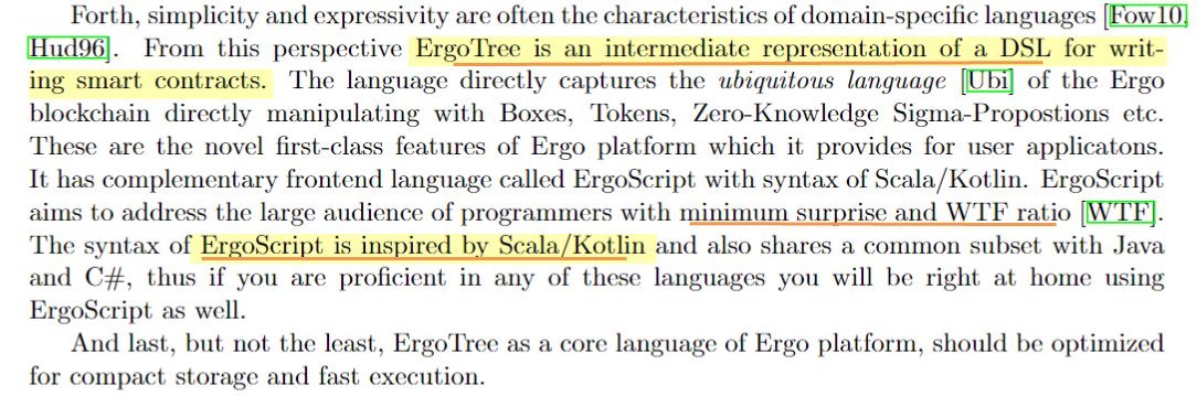 semanticbeeng's tweet image. &quot;#ErgoTree Specification&quot;

#intermediateRepresentation for the #ErgoScript #smartcontract #EDSL

&quot;ErgoScript is inspired by #Scala/#Kotlin&quot; 
&quot;strictly typed call-by-value, higher-order functional language without recursion&quot;

#functionalProgramming 
#compilerDesign 
#blockchain