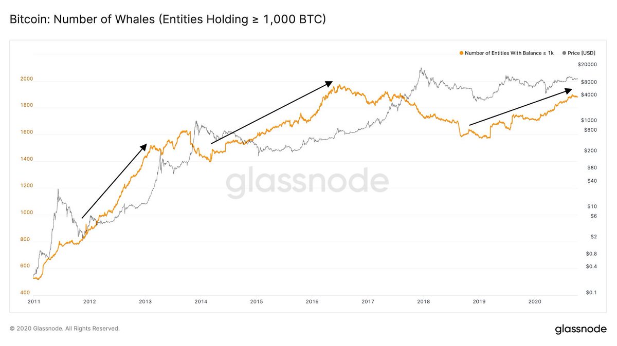 #7  @glassnode is another multi-purpose provider with a broad array of charts and dashboards For example, if you were looking into long-term holder behavior you could look at the popular HODL waves chart along with a whale-watching chart showing the # of holders with > 1,000 BTC