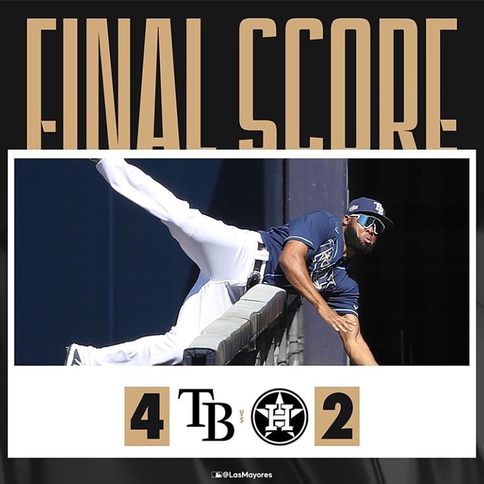 90millasA's tweet photo. Los @raysbaseball toman ventaja (2-0) en la Serie de la Liga Americana, al derrotar 4 carreras por 2 a los @astrosbaseball, en Petco Park.

Manuel Margot conectó un jonrón de tres carreras al jardín central. https://t.co/6RurlounzE