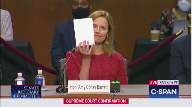 JerryDunleavy's tweet photo. Cornyn: "Most of us have multiple notebooks &amp; notes &amp; books &amp; things like that in front of us. Can you hold up what youve been referring to in answering our questions?"

ACB: <Holds up blank notebook>

Cornyn: "Is there anything on it?"

ACB: "The letterhead that says US Senate." https://t.co/EJ2Wn1hj59