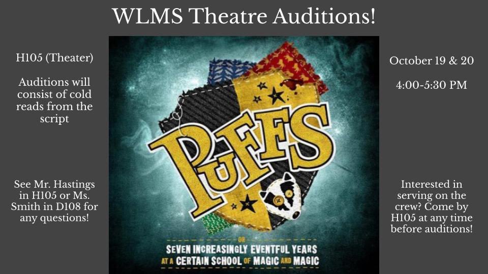 WLMSPerforming's tweet photo. Happy to announce our auditions for Puffs! Puffs is a comedy about a certain group of wizards from a certain school of magic (copyright issues, but you can guess) and has a strong message. Jan 22 &amp; 23 are tentative performance dates. We look forward to seeing you!
#WLMSImpact https://t.co/cM6yj2j55Y