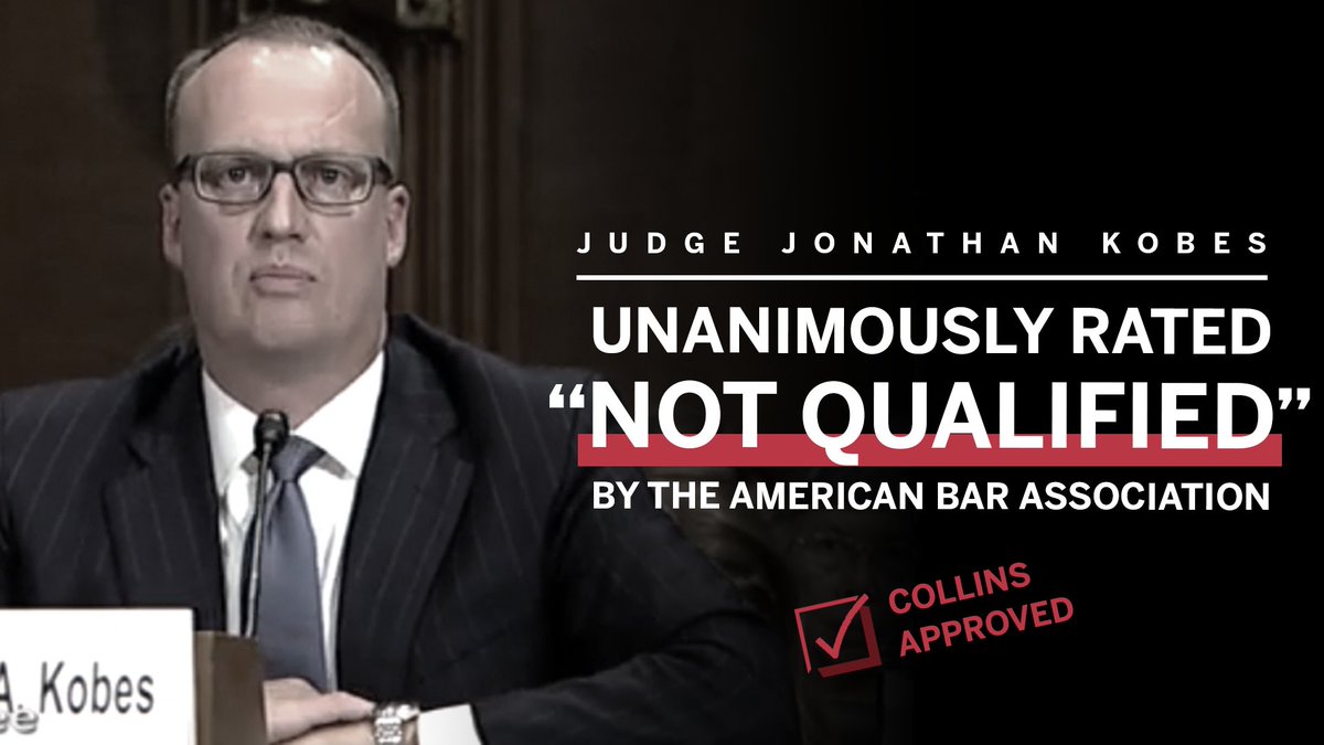 Meet Judge Jonathan Kobes, who was 𝙪𝙣𝙖𝙣𝙞𝙢𝙤𝙪𝙨𝙡𝙮 rated “not qualified” by the American Bar Association. Senator Collins voted to confirm him anyway.  #mepolitics