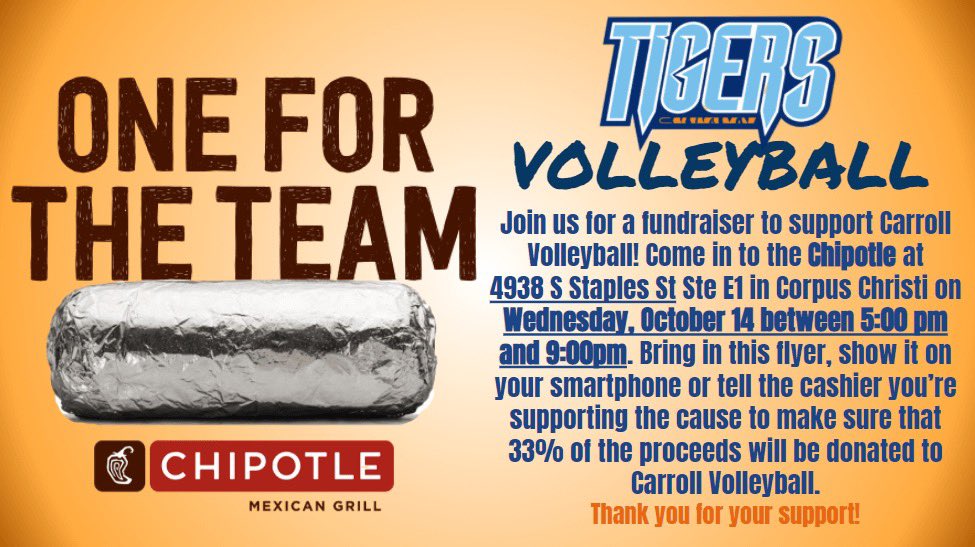 CHSSoftball123's tweet photo. CARROLL 🏐 SPIRIT 🥳 NIGHT
🗓 Wednesday Oct 14
📍 Chipotle (S Staples)
⏰ 5-9:00 PM
🐯BE SURE TO MENTION CARROLL VB! WE APPRECIATE ALL YOUR SUPPORT! ❤️
@ryvalenz1011 @CoachRod91 @jnmmeek @CHS_TigerVball @mcarrollstuco @TigerBball212 @TheStreakCTFB https://t.co/HDvKblpBWH