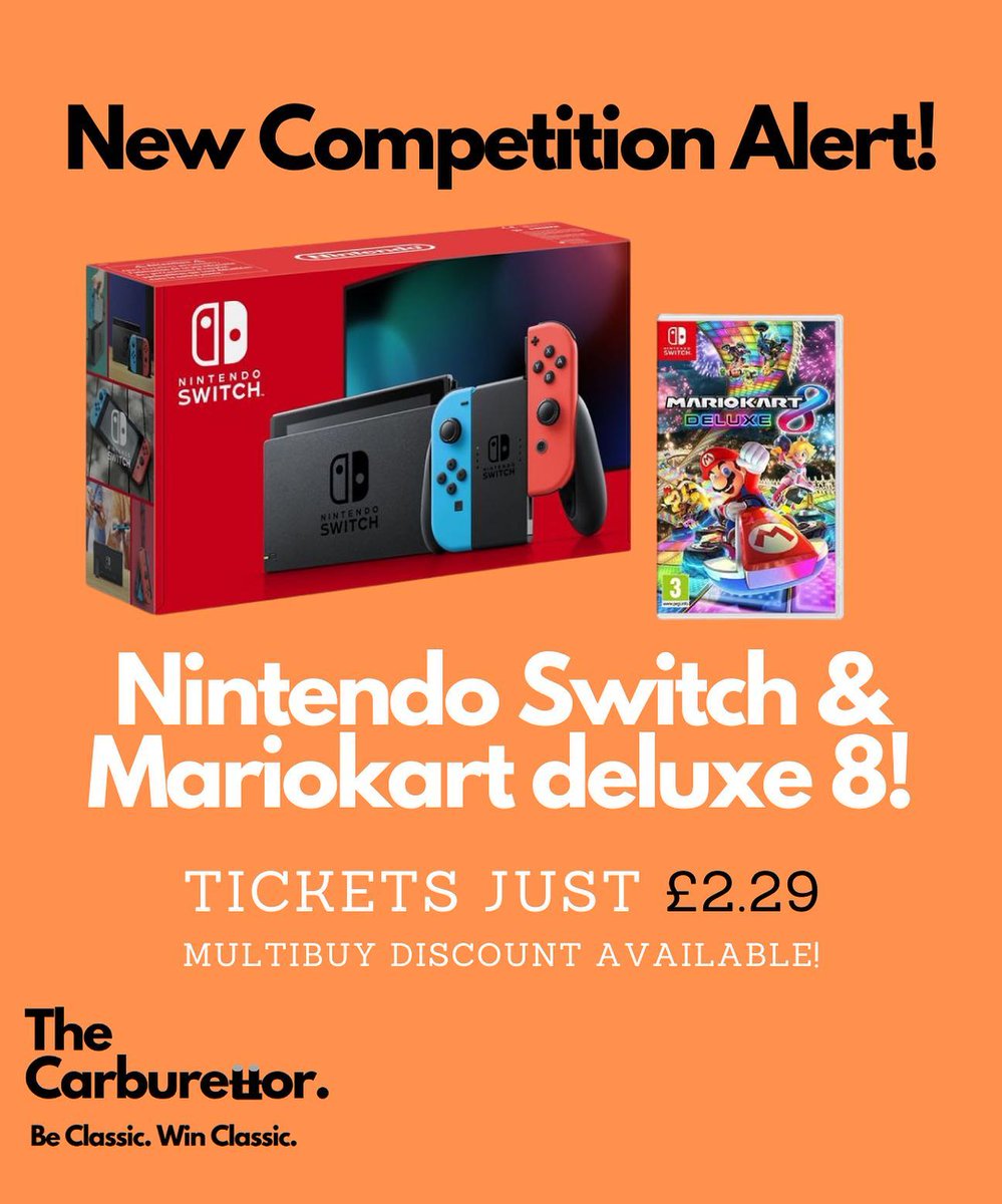 TCarburettor's tweet photo. Win this Nintendo Switch &amp; Mario kart 8 bundle! Tickets just £2.29!! 👊🏻 Check out https://t.co/69agz22j0V

20% off when buying 5+ tickets. Use code ‘SALE5FOR4’ at checkout. 

#nintendoswitch #mariokart8deluxe #winnintendoswitch #greatodds #gamesconsole #win #classiccars #gaming https://t.co/PkpN5U4UQL