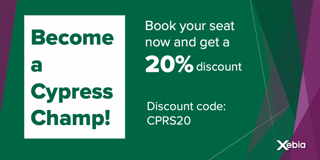Xebia's tweet photo. Cypress: Testing the way it should be! In 1 day you will learn how to improve your automated tests using #Cypress Go get your 20% discount now! https://t.co/KvcbpTAQ5B https://t.co/8hucwgayu0