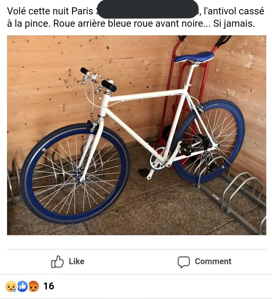 Je rumine l’affaire et en fouillant un peu sur internet je trouve un groupe FB d’énervés qui pistent les vélos volés en écumant les puces de Clignancourt mais aussi Le Bon Coin et FB Marketplace. Sans grand espoir, mais on sait jamais…