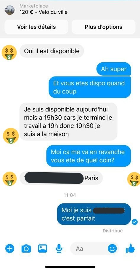 Le lendemain matin, notre cible (nom de code Arsène Lupin) me répond… Le vélo est toujours dispo, et il veut bien nous prendre 120€ en cash le lendemain. Il me donne lui même rdv à 300m d’un gros commissariat, carrément dans la même rue. C’est magnifique. IT’S ON.