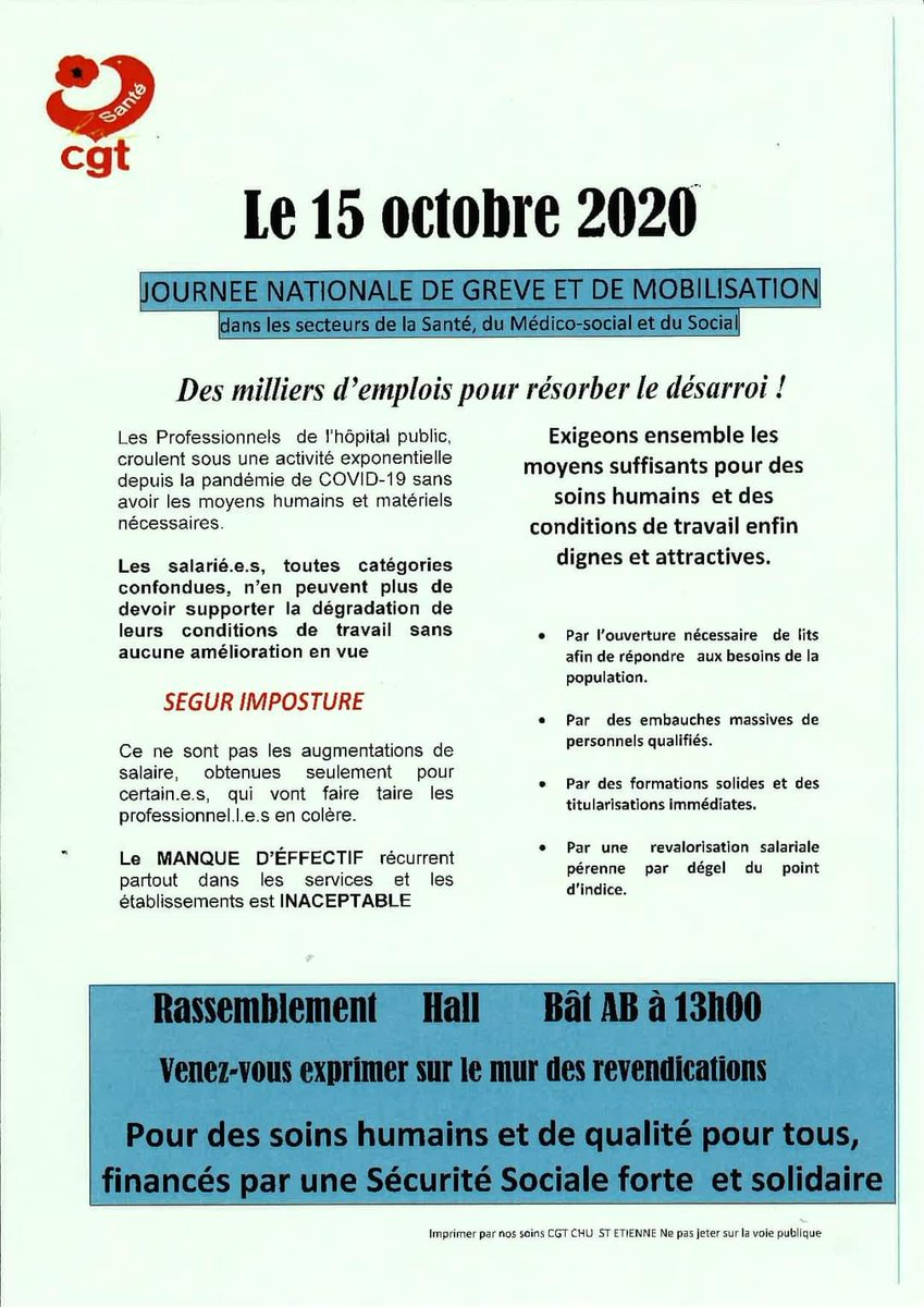 #hopitalpublic
#Sante
Pour info via <a href="/CgtSanteSocial/">CGT Santé Action Sociale</a>
<a href="/ChuSaintEtienne/">CHU de Saint-Étienne</a>

📢 Mouvement de grève

Jeudi 15 octobre

➡ Rassemblement #CHU42
 devant le hall AB à 13h00