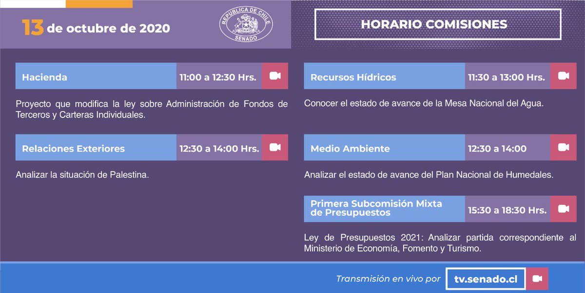 Senado_Chile's tweet photo. #Martes13 | Estos son los horarios y asuntos que abordarán las comisiones citadas para hoy.

Imperdible la comisión de Constitución que verá #escañosreservados para el órgano constituyente (10:00)

Desde las 16:00 una nueva sesión de Sala.

⭕️ En vivo por https://t.co/s1gbAxLIND https://t.co/4VlBNIweaU