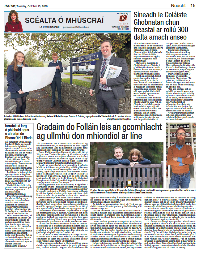 Inniu <a href="/echolivecork/">EchoLive.ie</a> - Gradaim do Folláin, leis an gcomhlacht ag ullmhú don mhiondíol ar líne <a href="/FollainJams/">Folláin Preserves</a> <a href="/UdarasnaG/">Údarás na Gaeltachta</a> <a href="/BlasNahEireann/">Blas na hÉireann</a> <a href="/Peadaroriada/">Peadar Ó Riada</a> <a href="/ColGhobnatan/">Coláiste Ghobnatan</a> <a href="/CorkETB/">CorkETB🇮🇪🇪🇺</a>