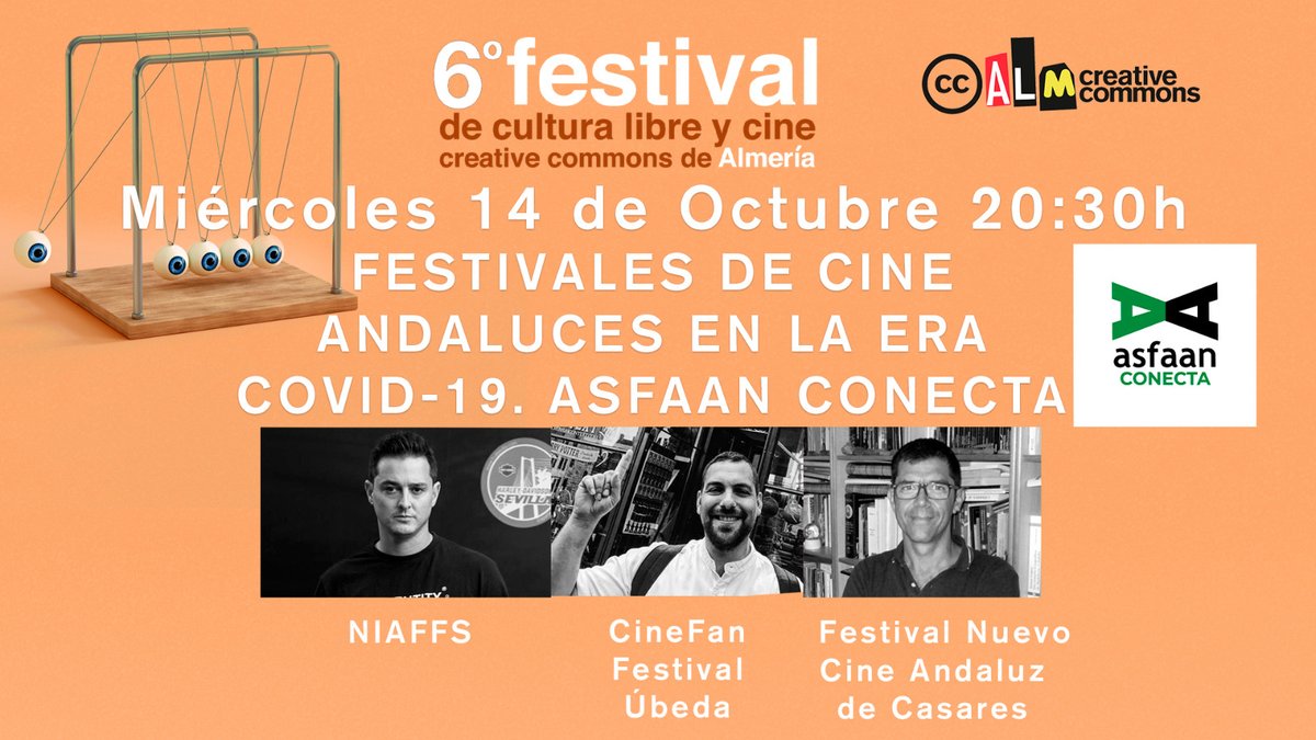 Mañana miércoles 14/oct tendrá lugar la charla "Festivales de cine andaluces en la era #covid19 ", en el marco de la sexta edición del <a href="/ccalmfestival/">ccALM</a> 
 
Puedes seguirla por internet a partir de las 20:30 en este enlace youtu.be/zlIYbV62aWg
#asfaanconecta