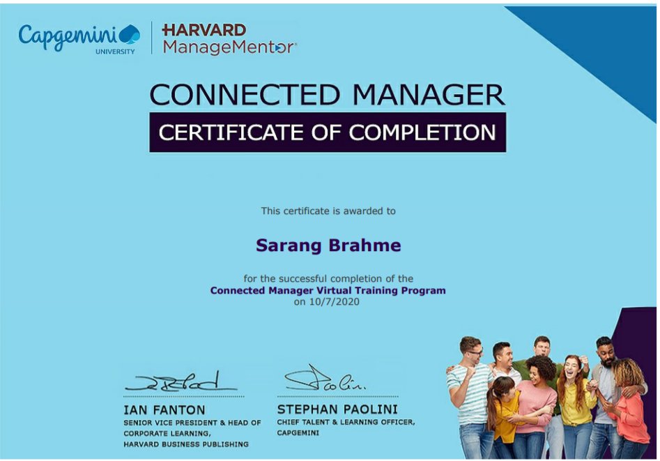 Sarangbrahme's tweet photo. Successfully completed @Harvard #ManageMentor program sponsored by @Capgemini #ConnectedManager. The amazing journey of over 5 months (in midst of pandemic) of learning and investing to become a better leader. Kudos to our digital learning teams. #lifeatcapgemini #aceyourcareer https://t.co/TAlwFoVS49