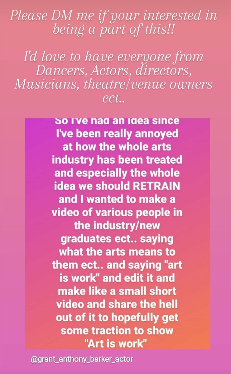 I'd love to get a variety of people within the industry to get involved 😊
<a href="/SupportBritish/">U.K. Actors Support Network</a> <a href="/LazarusTheatre/">Lazarus Theatre Company</a> @bathspaprods 
#SaveTheArtsUK #SaveTheArts #Arts #SupportTheArts