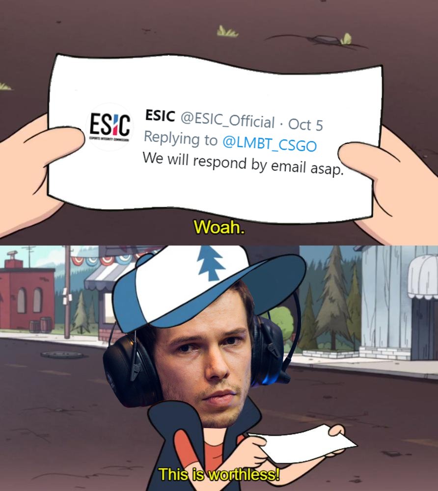 Today starts the most important tournament for our team and we still have not received a response from Esports Integrity Commission about the <a href="/LMBT_CSGO/">Sergiy LMBT Bezhanov</a> situation.

Despite all the evidence we have provided, they continue to ignore us. That's outrageous.

Hello, <a href="/ESIC_Official/">ESIC</a> ?
