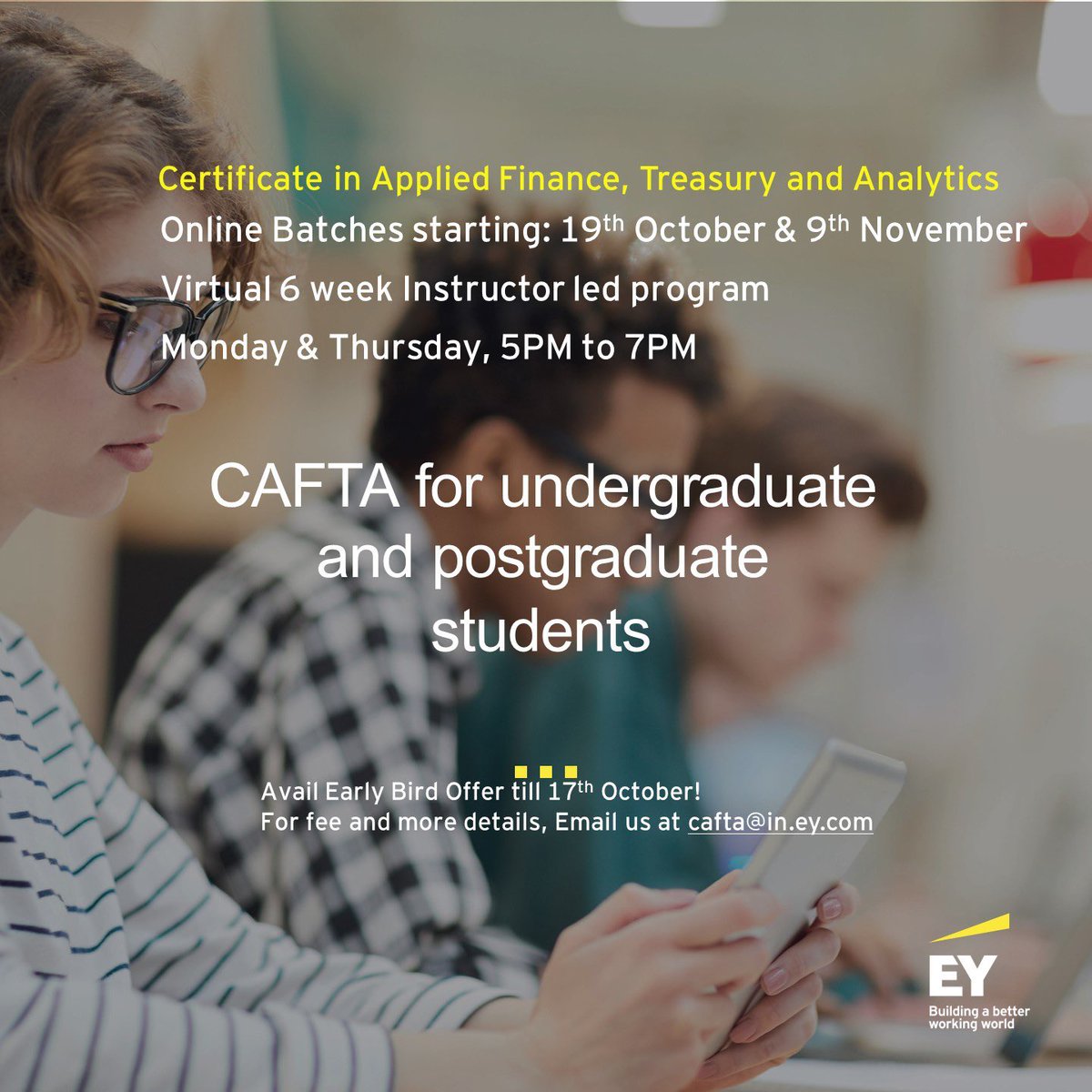 Learning must never cease!' 
With that thought in our core, EY CAFTA continues the journey of upskilling students in the field of finance and treasury with its flagship program – CAFTA Virtual Scholar’s Batch.
#EYCAFTA financialriskmanagement #upskill #certificationcourse