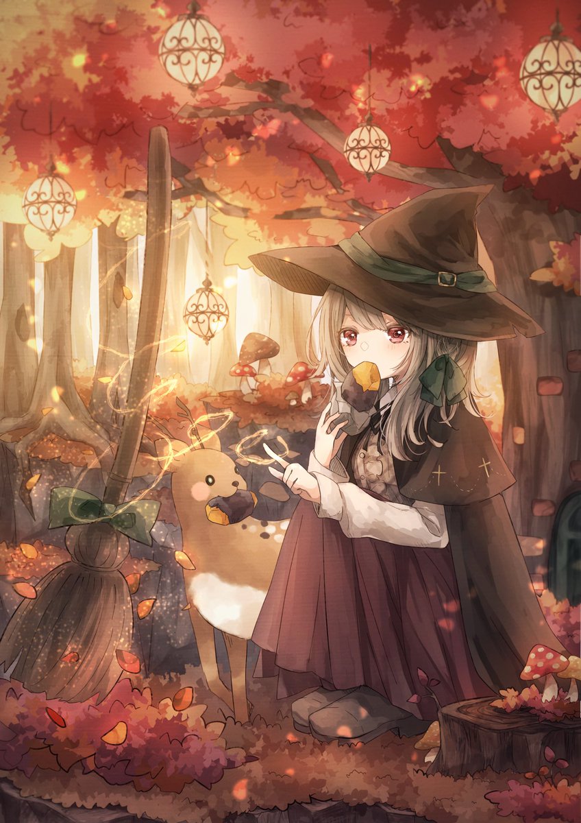 1girl solo hat witch hat mushroom ribbon food  illustration images