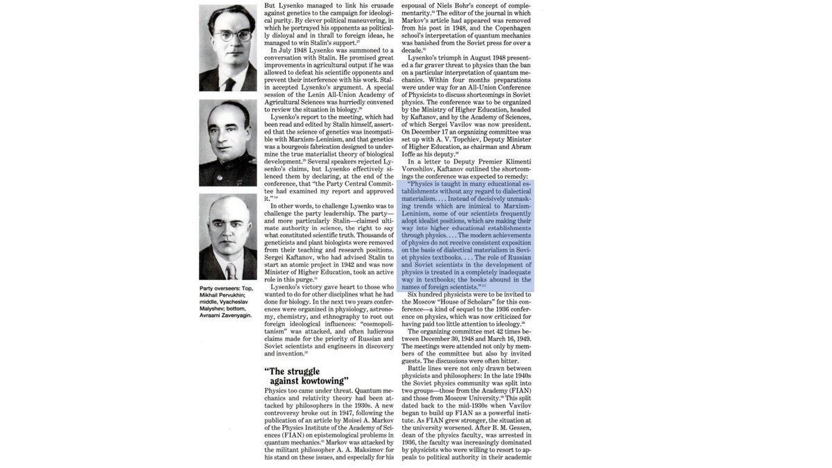 36/n Sergei Kaftanov, the minister of higher education in the Stalin’s regime, complained in a letter to Deputy Premier Klimenti Voroshilov of non exposure of dialectical materialism in school's physics teaching.Read the snippet from the same source as in 35/n