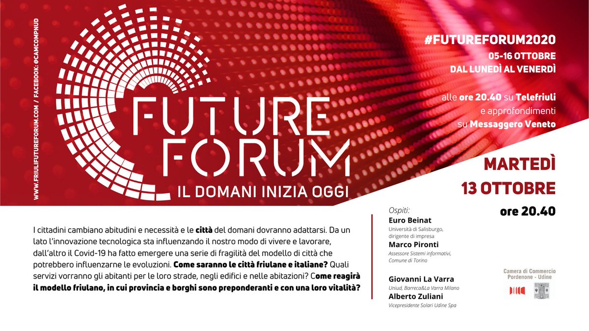 EU4BCC - Wine Consortium (@eu4bcc_wine) on Twitter photo Stasera 20.40 <a href="/Telefriuli/">Telefriuli</a> parliamo dell'evoluzione di #città e territori: come cambiano con le nuove tecnologie e il #covid19. Con noi <a href="/eurobeinat/">EB</a>, #MarcoPironti assessore del <a href="/twitorino/">Città di Torino</a>, Giovanni La Varra <a href="/BarrecaLaVarra/">Barreca & La Varra</a> e Alberto Zuliani <a href="/SolariDiUdine/">Solari di Udine SPA</a>
#tunein #futureforum2020 Stasera 20.40 <a href="/Telefriuli/">Telefriuli</a> parliamo dell'evoluzione di #città e territori: come cambiano con le nuove tecnologie e il #covid19. Con noi <a href="/eurobeinat/">EB</a>, #MarcoPironti assessore del <a href="/twitorino/">Città di Torino</a>, Giovanni La Varra <a href="/BarrecaLaVarra/">Barreca & La Varra</a> e Alberto Zuliani <a href="/SolariDiUdine/">Solari di Udine SPA</a>
#tunein #futureforum2020