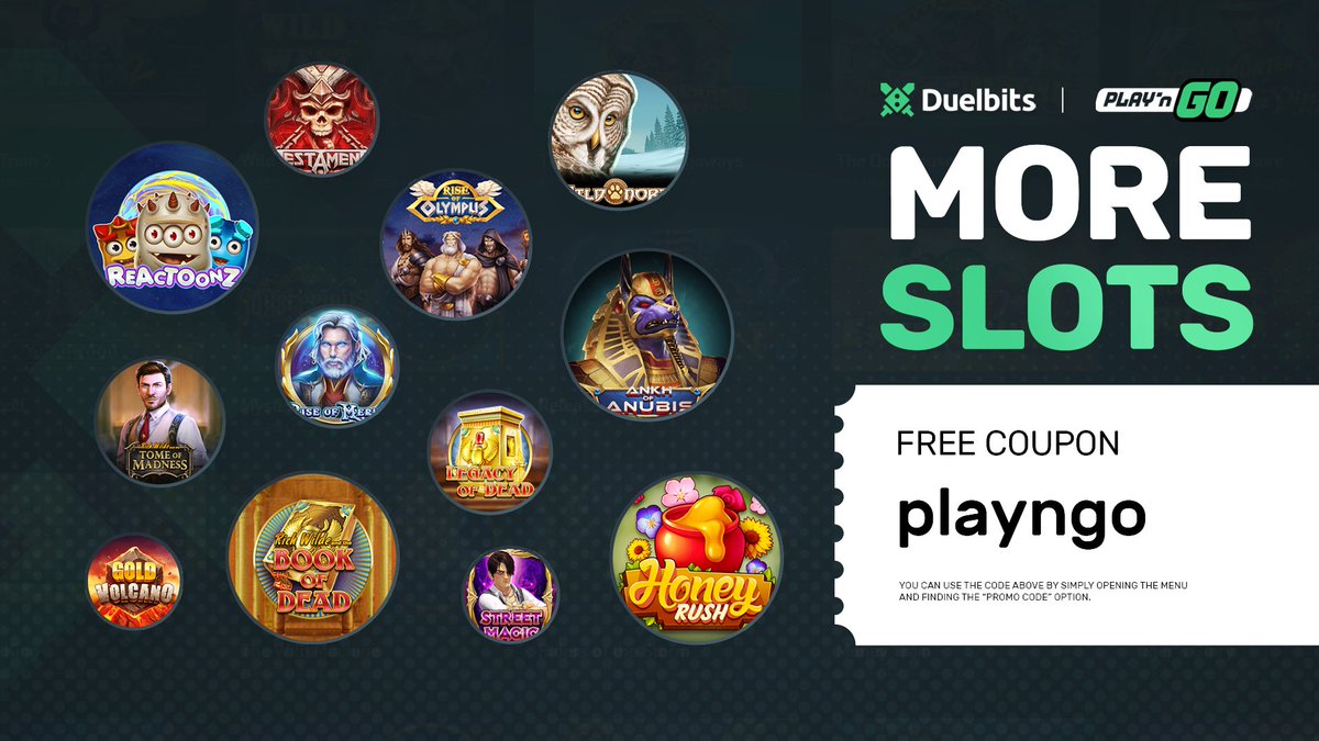 Play'n Go is finally here!🎉

To celebrate the launch, we're giving away 250 coins to one lucky winner, winner drawn in 48 hours😜

To be eligible you must

Like &amp; Retweet ✅
Tag 2 Friends ✅

 Also, the code below is for 0.20 to 1,000 users!

🔗duelbits.com/slots