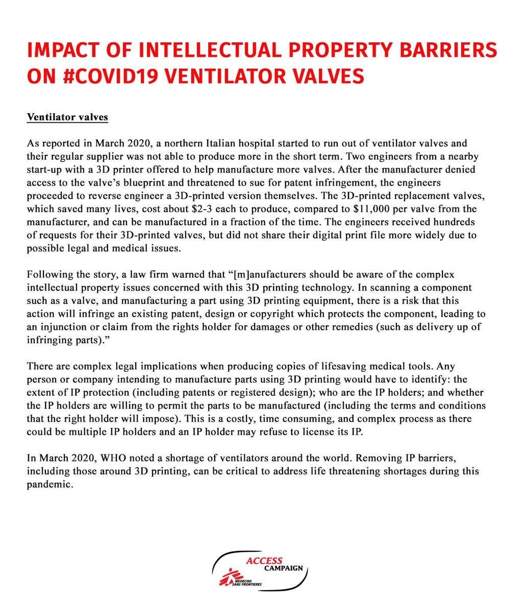 Example 4 - Impact of intellectual property barriers on  #COVID19 ventilator valves. #COVIDshortages  #WhyWeNeedIPWaiver