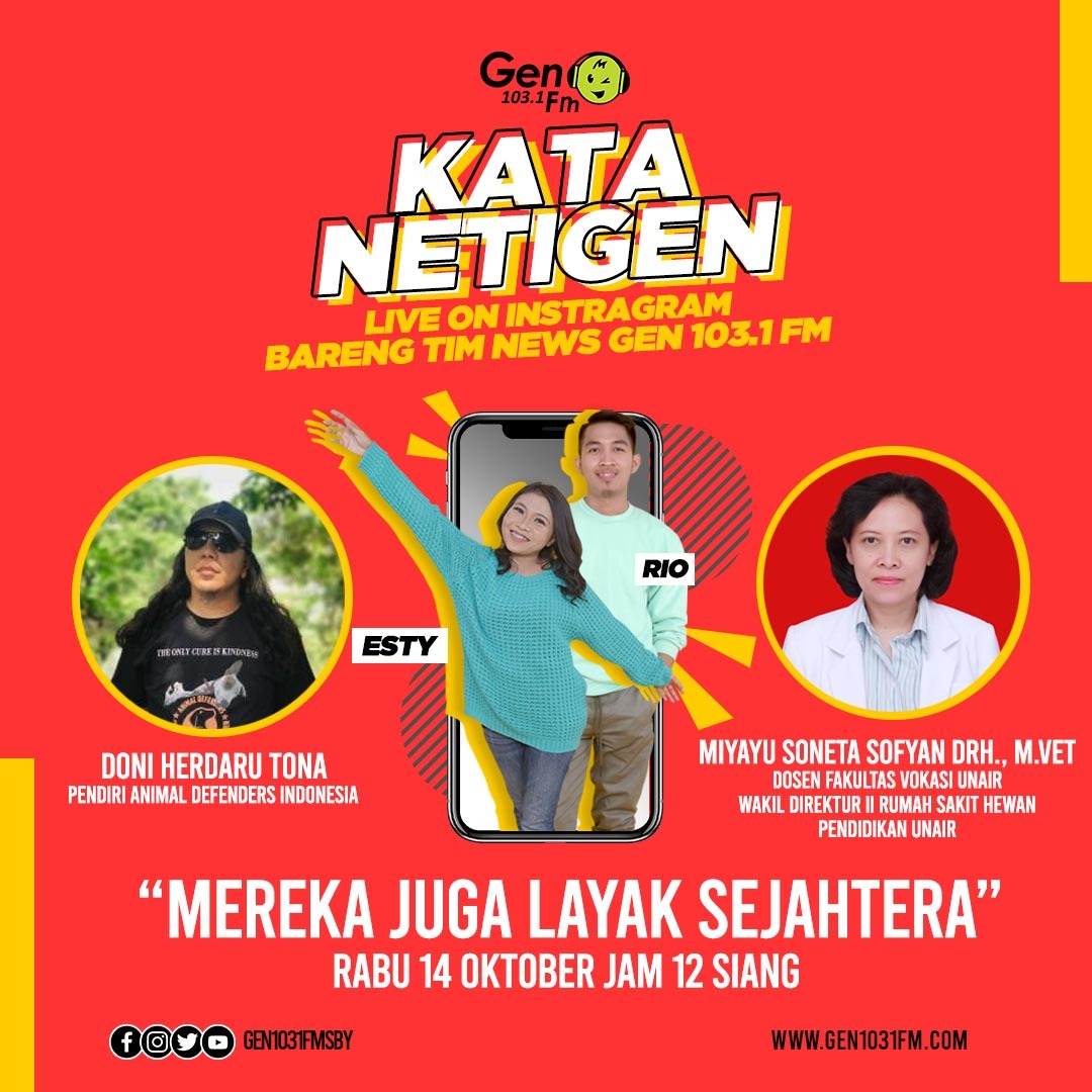 Besok jam 12 siang, ikutan yok #KataNetigen Live Instagram bareng <a href="/esty_riyani/">esty riyani</a> dan <a href="/rio_rodi/">Rio Rohadi</a> yang bakal ngebahas Hari Hak Asasi Binatang bareng Doni Herdaru Tona dan Miyayu Soneta Sofyan, drh., M.Vet.

#gen1031fmsby