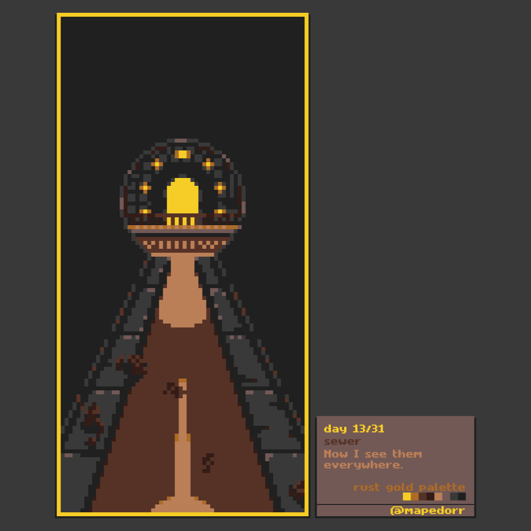 mapedorr's tweet photo. Day 13 - Sewer / Dรญa 13 - Alcantarilla
Rust Gold 8 palette created by @Trigonomancer
#octobit #octobit2020 #rustgold8 #8bit #pixelart #aseprite #lospec https://t.co/h5myBPKvaZ