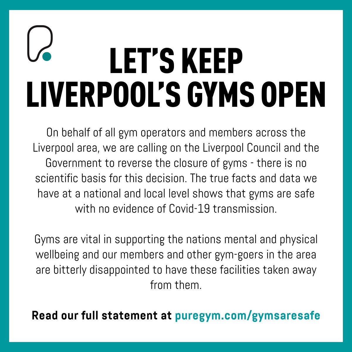 PureGym (@puregym) on Twitter photo We urge <a href="/mayor_anderson/">Mayor Anderson</a> to reconsider this decision which has no scientific basis. The facts indicate that gyms are safe with no evidence of Covid-19 transmission. This will worsen the physical and mental health of the local population #gymsaresafe
bit.ly/3nH6HY1 We urge <a href="/mayor_anderson/">Mayor Anderson</a> to reconsider this decision which has no scientific basis. The facts indicate that gyms are safe with no evidence of Covid-19 transmission. This will worsen the physical and mental health of the local population #gymsaresafe
bit.ly/3nH6HY1