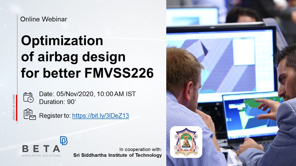 betacae's tweet photo. BETA #CAE Systems India in co-operation with the Sri Siddhartha Institute of Technology is organizing an online #webinar on "Optimization of airbag design for better FMVSS226 results".
Register here: https://t.co/GbVIBRp1VI
#physicsonscreen #engineeringsimulation #crashandsafety https://t.co/7XzgpJsaBE