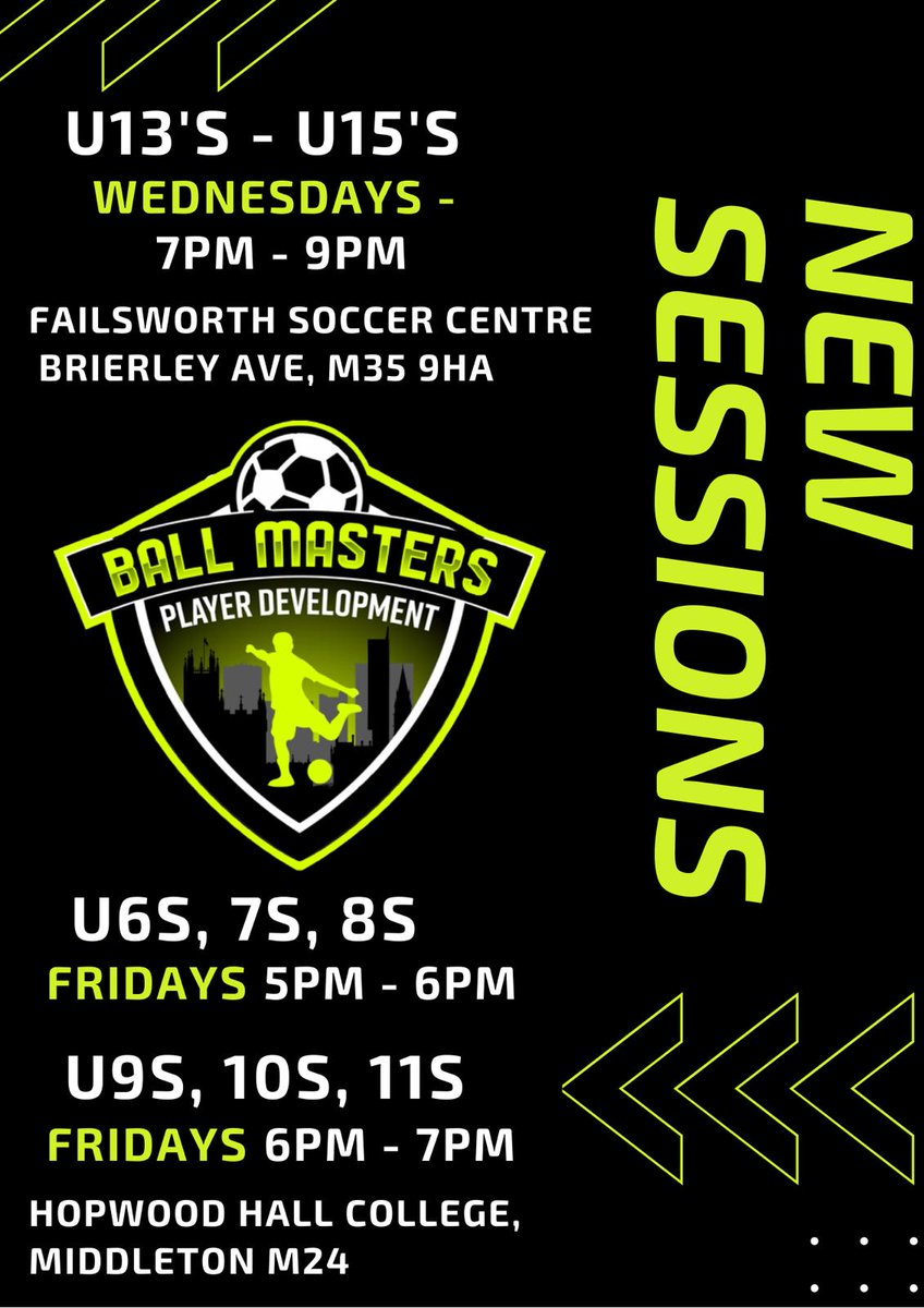 ‼️⚽️NEW SESSIONS/TEAM RECRUITMENT 
-
MONTHLY TOPICS
TECHNICAL DEVELOPMENT 
BALL MANAGEMENT 
INFLUENCING CREATIVITY